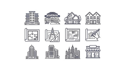 Building Icons Set: Houses, Apartments, Skyscrapers, Blueprint, Architecture Design © Sepeda