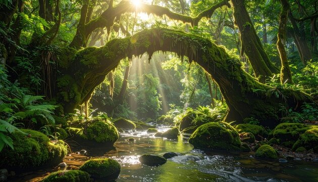 Sunbeams stream through an ancient, moss-covered forest archway above a babbling brook.