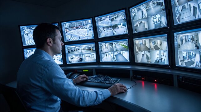 Security guard monitors multiple surveillance camera feeds on large screens in a control room