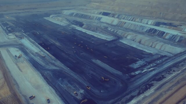 Thar mining project aerial view extensive coal extraction operations with numerous heavy machinery and trucks. This industrial landscape highlights resource extraction for energy production
