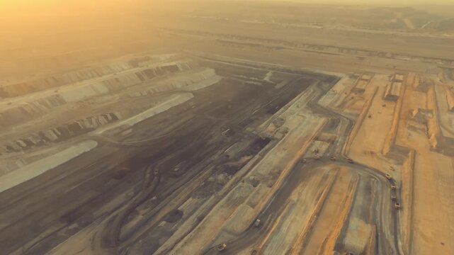 Panoramic aerial shot showcasing the vast Thar mining project in Sindh, Pakistan, with heavy trucks operating under a dusty, golden sky.