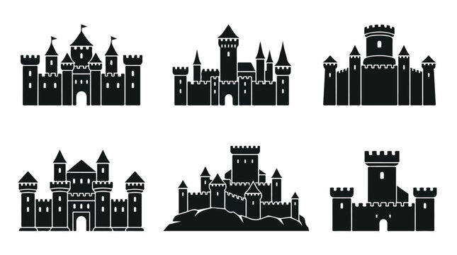 Medieval castle silhouette icons set, 6 black fortress vector elements, ancient royal palace and kingdom stronghold symbols for gaming and history