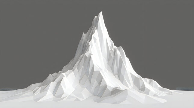 Low poly white 3d mountain landscape against solid gray background.