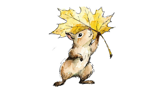 Adorable chipmunk holding autumn maple leaf on transparent background