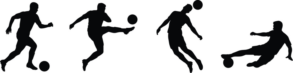 Obraz premium Soccer Player Silhouette Collection with Dribbling Kicking Heading and Sliding Tackle Poses