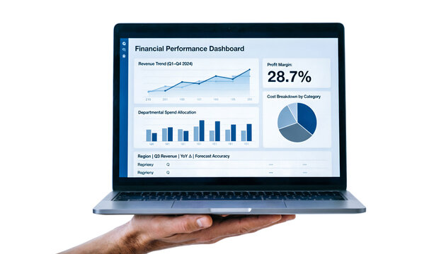 A hand holding a crisp laptop screen showing a clean and organized financial analytics dashboard, white background.