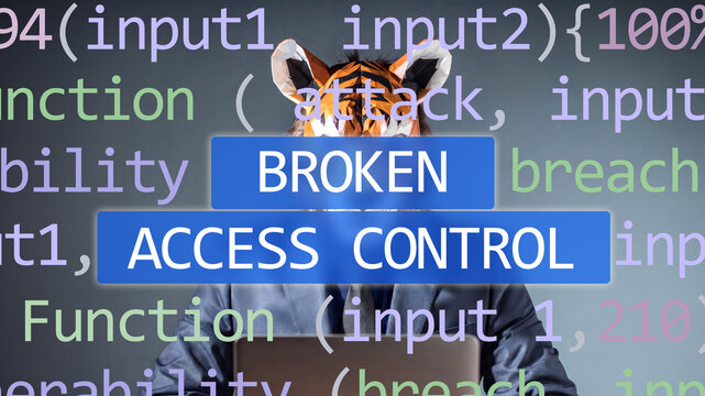 Broken Access Control attack on foreground screen, hacker silhouette hidden with low polygon mask. Vulnerability and attack on colored code editor. Insecure B.A.C. breach, text in English.