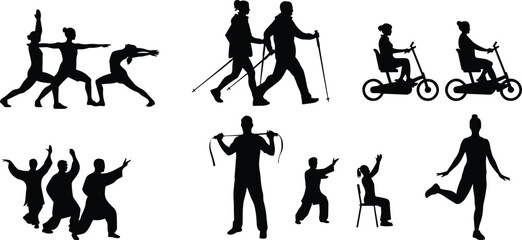 Fototapeta premium Fitness Activity Silhouette Collection with Yoga Walking Tai Chi Cycling and Exercise Poses