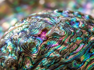Naklejka premium Macro view of iridescent abalone shell texture with vibrant rainbow colors and organic patterns