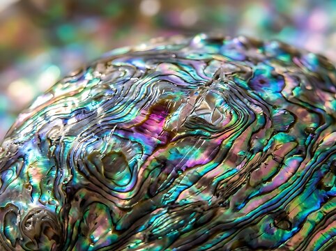 Macro view of iridescent abalone shell texture with vibrant rainbow colors and organic patterns