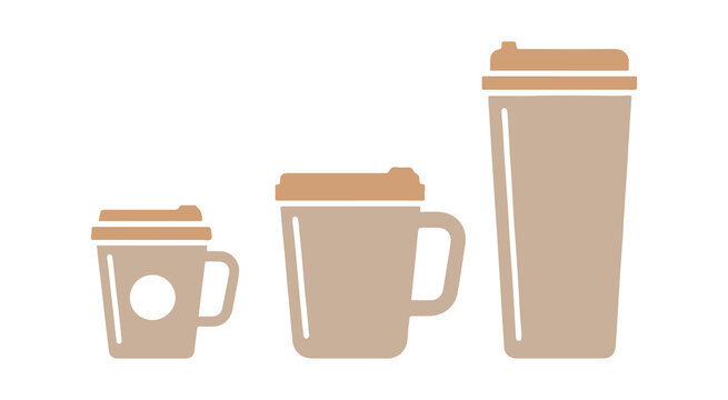 Cup size icon collection. Small, medium, and large drinks for takeaway. Reusable mugs. Vector illustration set on a white background.