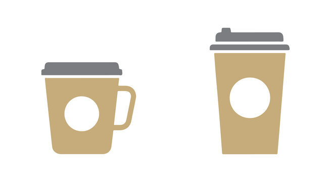 Icons for cup sizes: small, medium, and large takeaway drinks. Recyclable mugs included. Vector art on a white surface.