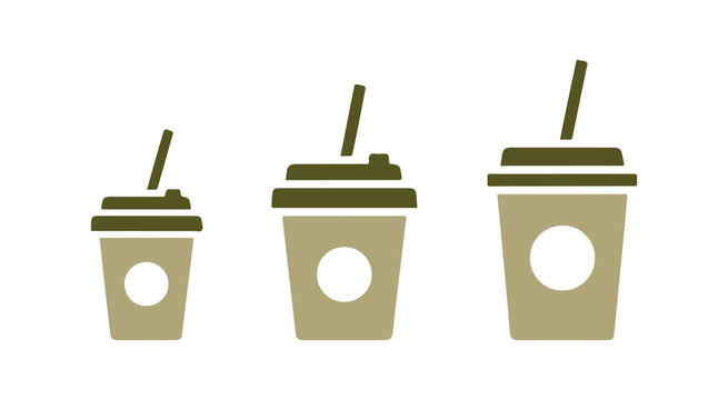 Cup size icons collection. Small, medium, and large takeaway beverages. Eco-friendly mugs. Vector illustration against a white background.
