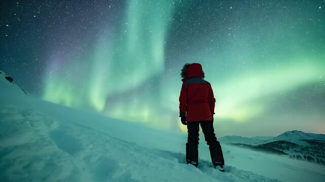 Person in red coat gazes at the vibrant aurora borealis dancing in starry night sky