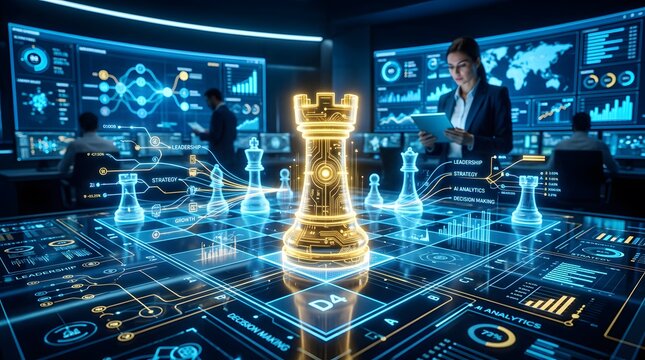Futuristic Chess Game - Strategy and Technology in a Modern Office Setting.