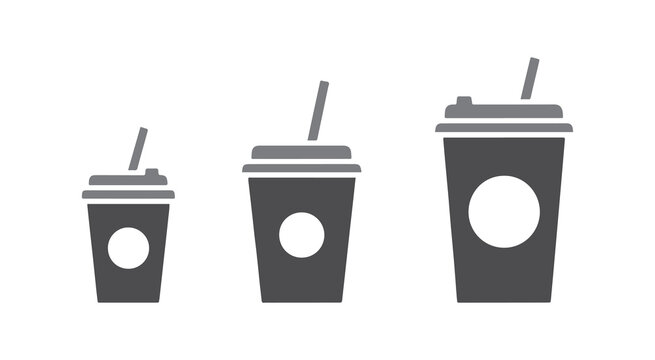Icon set for cup sizes. Small, medium, and large takeaway drinks. Reusable mugs. Vector graphic on a white backdrop.