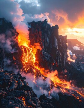 Molten lava flows down a rocky mountainside under a dramatic, colorful sky.