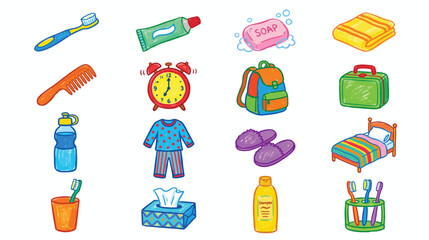 Cute Crayon Daily Routine Objects Collection Hand Drawn Kids Style Vector