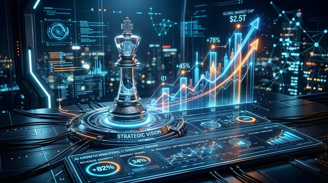 Futuristic Chess Game with Data Visualization and Financial Growth.