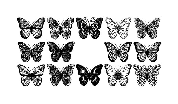 Elegant black and white ornamental Morpho butterfly vector collection with 10 unique icons