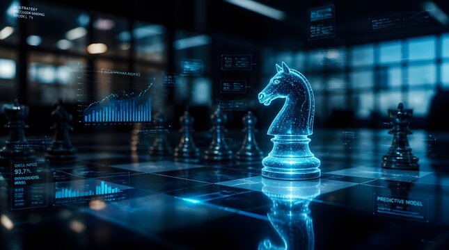 Futuristic Chess Game with Glowing Knight Piece and Digital Interface.