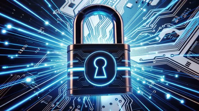 Cyber security padlock icon on a digital circuit board background with glowing blue data lines 4k video