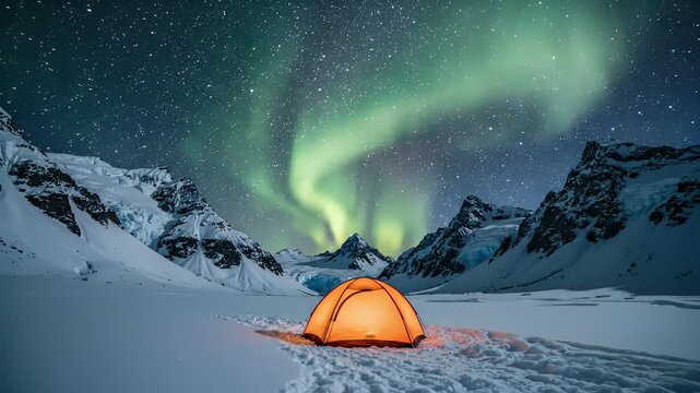 A lit tent glows warmly in a snowy landscape under a starry sky and aurora