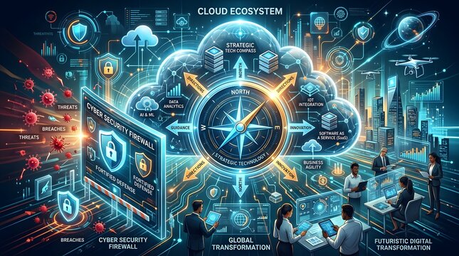 Futuristic Cloud Ecosystem - Digital Transformation and Cybersecurity Illustration.