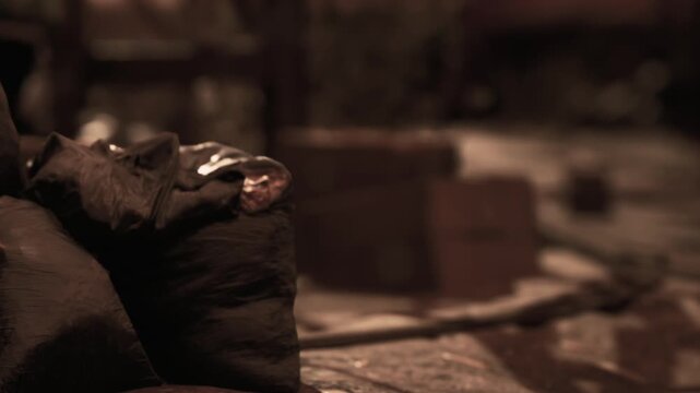 Sacks and items are on a surface in a room. The lighting is dim, and various objects are arranged in a way that suggests daily activities took place here.