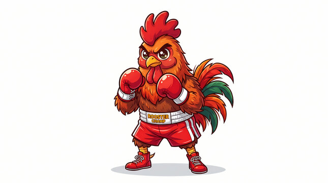 Strong and funny rooster wearing boxing gloves in a fighting pose. Cartoon illustration isolated on white background for sports, fitness, mascots, and children's projects.