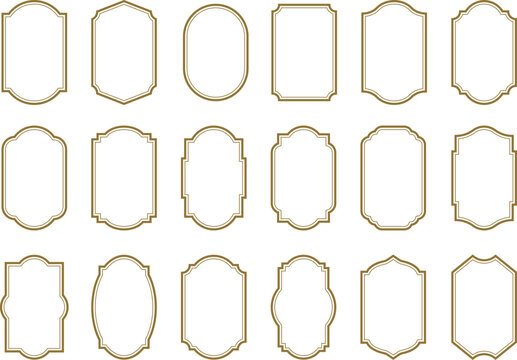 Classic gold label borders with vintage shapes. Vertical Logo Frames, Label Shapes and Badge Templates Set. Collection for product labels, wedding stationery and packaging design.