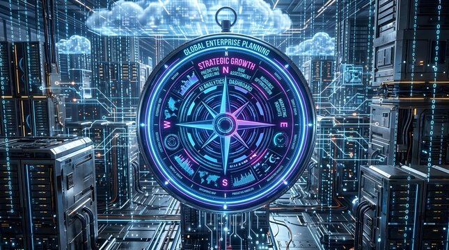 Futuristic Compass Navigating Digital Cityscape with Cloud Computing Technology.