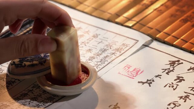 Close up man hand putting traditional chinese stone emblem stamp seal product over ancient bamboo strips with classical calligraphy and historical documents