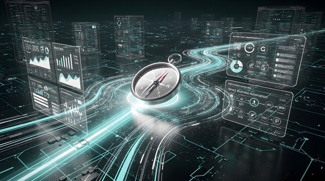 Futuristic Compass Navigating Digital Data Streams in Cyber City.