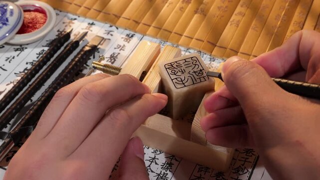 Creative artisan craftsman hands using a gouge to carve traditional chinese stone emblem stamp seal. Skilled craft worker hand-carving details at workshop and tool display in creative art studio