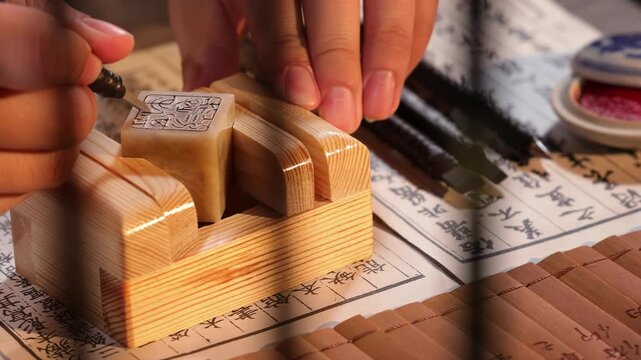 Creative artisan craftsman hands using a gouge to carve traditional chinese stone emblem stamp seal. Skilled craft worker hand-carving details at workshop and tool display on table