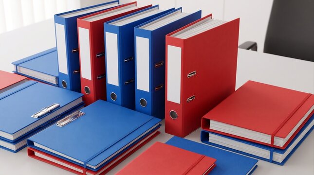 Blue and Red office binders and folders mockup. Blank ring covers with metal clips for files and document storage folders. 