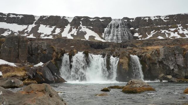 Baejarfoss And Dynjandi Waterfalls During Winter In Arnarfjordur, Westfjords, Iceland. - wide static shot