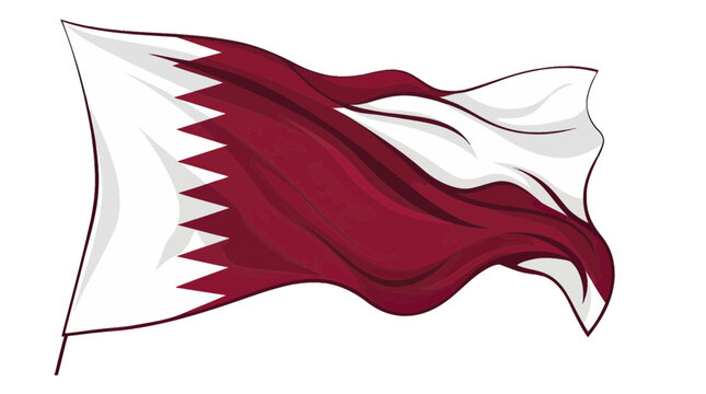 Waving Qatar Flag with Serrated Edge Design on White Background - National Symbol