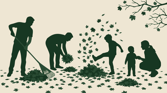 Family enjoying autumn yard work, raking and playing with fall leaves