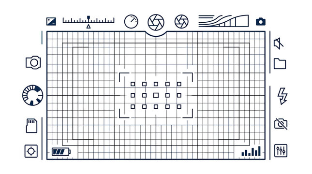 Camera Viewfinder Grid Overlay with Icons - Digital Display Interface