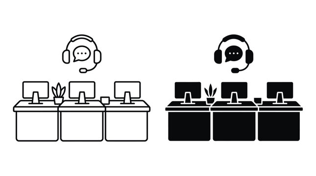Customer support team working at two desks with vector graphics headsets