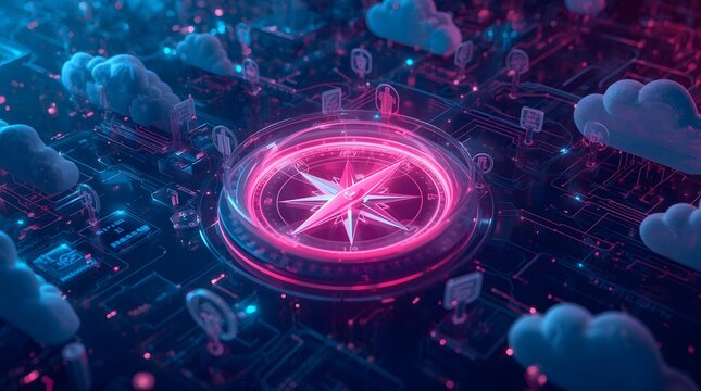 Futuristic Compass Navigating Through Digital Clouds and Technology.