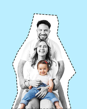 A cheerful young family with a happy, baby in photo studio. Family Planning Project.