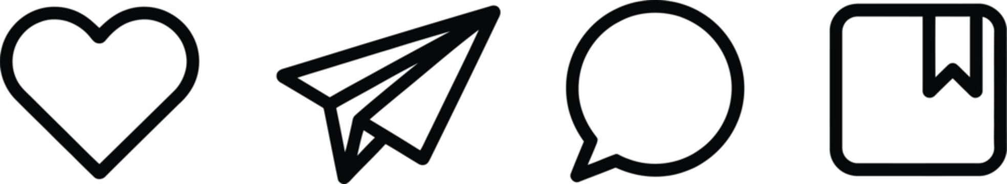 Social Media Interface Icons Featuring Comment, Share, Save, Like, and Message Outline Symbols
