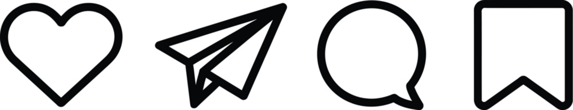 Social Media Interface Icons Featuring Comment, Share, Save, Like, and Message Outline Symbols