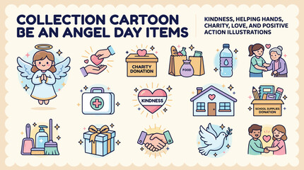 Obraz premium Cartoon Kindness and Be An Angel Day Icons Set for Charity and Social Support