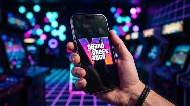 Grand Theft Auto VI (GTA 6) video game logo displayed on a smartphone screen held by a hand in a neon arcade room. Rockstar Games upcoming release mockup photo illustration for gaming concept.
