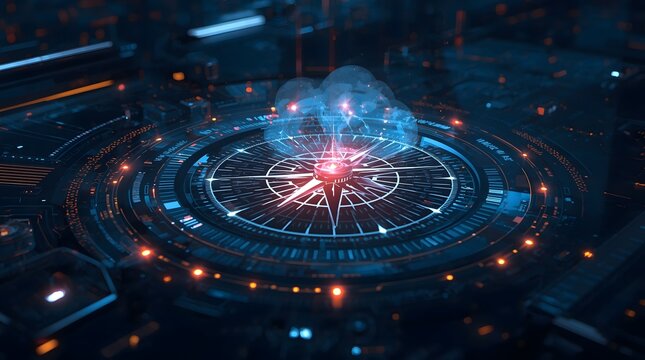 Futuristic Compass Navigation System with Glowing Digital Interface.