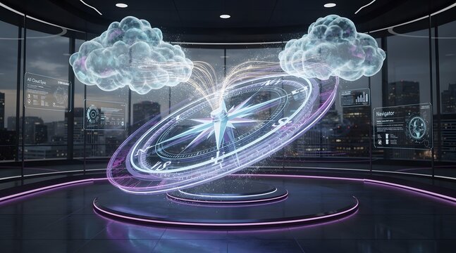 Futuristic Compass Navigation with Cloud Computing Technology in Modern Office.